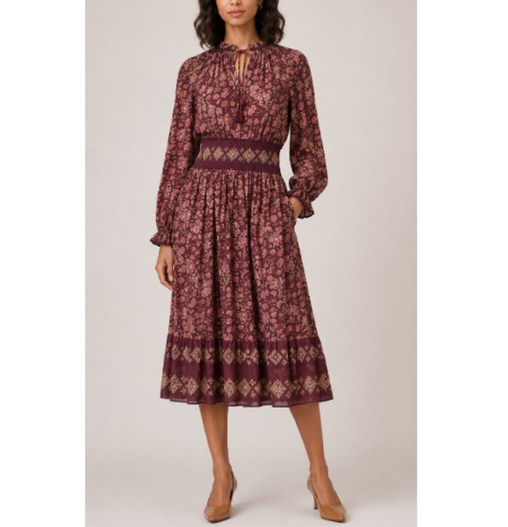 New Sea New York Maroon Giulia Print Long Sleeves Dress Fallcore Small Ret $425